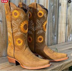 Women Mid Calf Western Cowboy Boots Sunflower Low Block Heel Booties Shoes Size | eBay Embroidery Cowboy, Sunflower Boots, Snip Toe Cowgirl Boots, Sunflower Embroidery, Cowboy Boots For Women, Boots Plus Size, Winter Fashion Boots, Leather Boots Heels, Western Boots Women