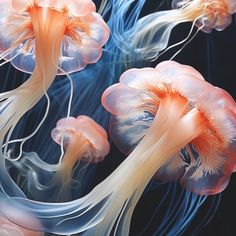 an image of jellyfish in the water with blue and pink colors on it's sides