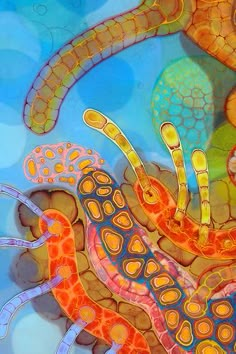 an abstract painting of octopuses and other animals in the water with bubbles around them