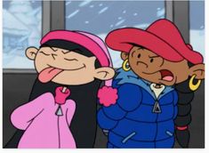 two cartoon characters standing next to each other in front of a window with snow falling on the ground