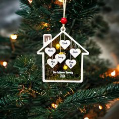 a christmas ornament hanging from the top of a tree