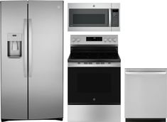 a silver refrigerator freezer sitting next to a stove top oven and dishwasher