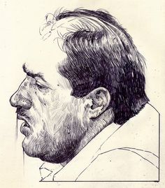 a black and white drawing of a man's head with his eyes closed, looking to the side