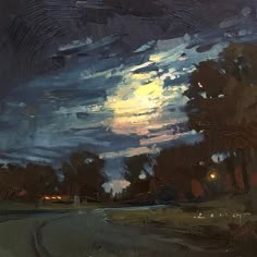 an oil painting of a road at night