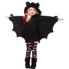 Black zipper-front fleece dress has bat wing sleeves and a furry ear hood. Add your own leggings! Obličejové Masky, Halloween Infantil, Animal Costumes, Cute Bat