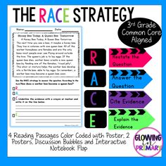 the race strategy for reading passages with posters and writing paper on blue background, including arrows