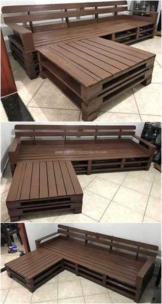 three pictures of different types of wooden benches and tables with one bench made out of pallets