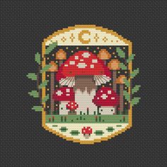 a cross stitch pattern with mushrooms in the middle and leaves around it on a black background