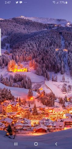 a snowy mountain town lit up at night with lights in the trees and snow on the ground