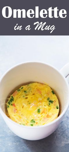 an omelette in a mug with the words omelette in a mug