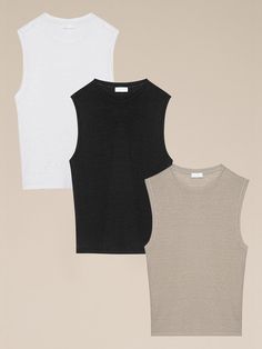 Stay cool and sophisticated with our elegant linen tanks, designed for both style and comfort on warm summer days and balmy nights. With their breezy, lightweight feel and versatile design, these tanks effortlessly transition from casual daytime outings to upscale evening events. Embrace the essence of luxurious simplicity with Lavi's exquisite tank collection. Colors included in the pack: Optical white, Black, and Beige Fit: comfort, slightly oversized. Fits true to size. Take a normal size. Mo Neutral Tank Tops, Linen Tank, Linen Tshirts, Black And Beige, Fashion Board, 2024 Fashion, Stay Cool, Oversized Tshirt, Summer Days