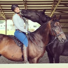 a woman riding on the back of a brown horse next to a black and brown horse