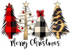 three christmas trees with red bows and leopard print