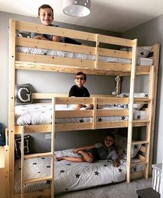 two children sitting on bunk beds in a room