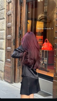 Dark cherry hair color inspirational Violet Plum Hair Color, Temporary Dye For Dark Hair, Winter Cherry Hair, Cherry Red Asian Hair, Red With Dark Brown Hair, Black Hair With Wine Red Highlights, Cool Toned Dark Red Hair, Long Dark Burgundy Hair, Dark Cherry Red Hair Aesthetic