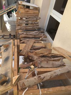 several pieces of wood sitting on top of a table