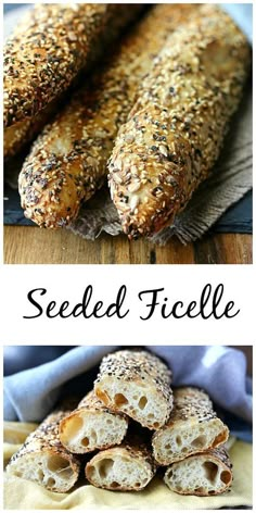 two pictures with different types of breads on them and the words seeded ficelle