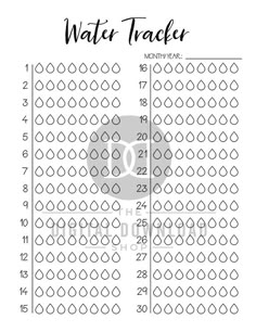 a printable water tracker with numbers and times on the front, in black and white