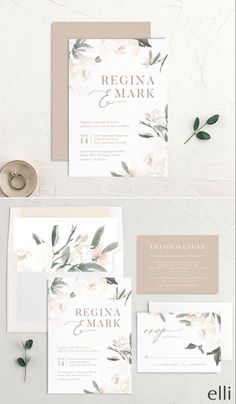 the wedding stationery is laid out on top of each other, with flowers and leaves