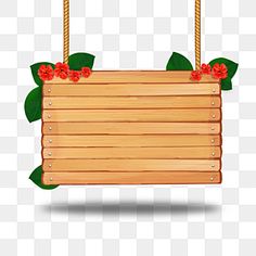 a wooden sign hanging on a rope with red flowers and green leaves png clipart