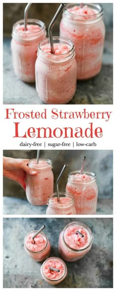 frosted strawberry lemonade in mason jars with strawberries on the top and bottom