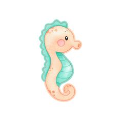 a watercolor drawing of a seahorse with blue tail and pink nose, sitting on a white background