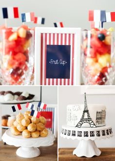 there are pictures of desserts on the table and in front of them is an eiffel tower