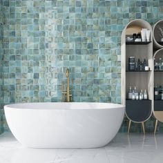 a white bath tub sitting next to a shelf filled with bottles