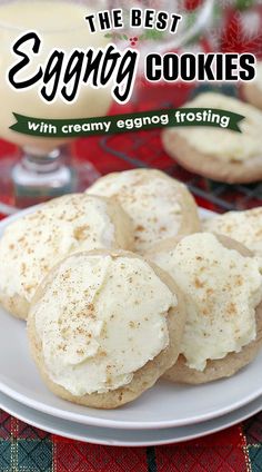 the best eggnog cookies with creamy eggs and frosting on a white plate