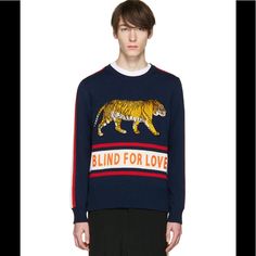 Like New Condition No Signs Of Wear Guaranteed Authentic Navy With Red And White Strip Down Arm Runway Collection Size Medium Gucci Blind For Love, Tiger Sweater, Runway Collection, For Love, Long Sleeve Tshirt Men, Red And White, Men Sweater, Graphic Sweatshirt, Like New