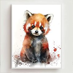 a watercolor painting of a red panda bear