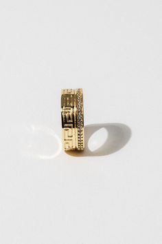 Gold statement ring with a strong band featuring Aztec embellishments. Completed with small cubic zirconia accents. ✦ 18K Gold Filled band Aztec Nail Designs, Aztec Rings, Aztec Artwork, Child Of Wild, 22k Gold Ring, Aztec Gold, Cute Ear Piercings, Gold Statement Ring, Gold Overlay