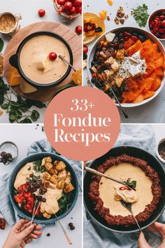 four photos with the words 33 + fondue recipes on them, including pies and desserts