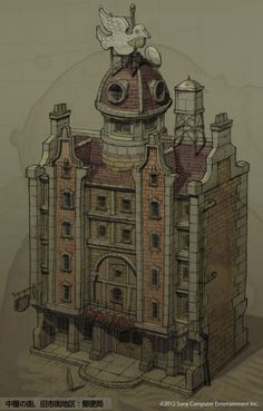 a drawing of a building with a bird on top