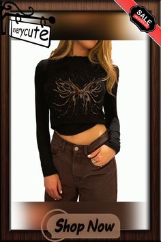 Butterfly Y2k Top Black Grunge Long Sleeve T Shirt Slim O Neck Retro Pullovers Women Autumn Harajuku Casual Tee Shirts Grunge Streetwear Tops For Fall, Y2k Winter Streetwear Tops, Black Y2k Streetwear Tops, Black Y2k Crop Top For Streetwear, Y2k Style Black Crop Top For Streetwear, Long Sleeve Grunge Tops For Spring, Trendy Long Sleeve Tops For Streetwear, Black Y2k Crew Neck Top, Black Y2k T-shirt For Fall