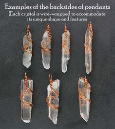 These lovely quartz crystal pendants are created by wrapping elegant square copper wire around crystal points of varying lengths. Pendant material: Natural raw quartz crystal & copper wire Comes with 24" (60.8 cm) copper-plated chain: 20" with a 4" extender (50.8 + 10cm) Choose from 3 sizes - Regular, Long & Narrow, Long & Wide 100% Handmade - each stone is unique and wire-wrapped to complement its shape and features Item number: wh346 Elegant square copper wire is used to create a double swirl Copper Wire Crafts, Wood Jewelry Diy, Raw Quartz Crystal, Crystal Pendants, Metal Clay Jewelry, Quartz Crystal Pendant, Raw Quartz, Wire Wrapping Crystals, Wire Wrapping Stones