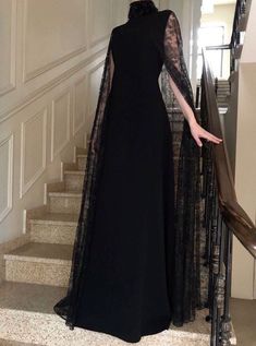 Black Long Dress Pakistani, Alternative Black Tie Dress, Goth Black Tie Dress, Dark Academia Gowns, Black Medieval Dress Aesthetic, Long Black Dress Costume Ideas, Gala Dinner Outfit Hijab, Black Dress Aesthetic Vintage, Winter Ball Outfit