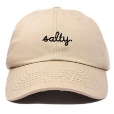 Embrace the laid-back charm of coastal living with our Salty baseball cap. Crafted from 100% cotton, our 6-panel low-crown dad cap combines comfort with effortless style. Whether you're strolling along the boardwalk, lounging on the sand, or simply running errands under the sun, our cap promises a blend of functionality and fashion that suits every beach lover's lifestyle. Measuring 11 inches in length, this unstructured cap features a fabric strap closure with a metal buckle, ensuring a secure Comfortable Adjustable Baseball Cap For Everyday, Comfortable Adjustable Baseball Cap, Casual Beige Hat With Curved Bill, Adjustable Comfortable Baseball Cap, Casual Snapback Hat For Vacation, Casual Beige Snapback Hat With Curved Brim, Casual Beige Snapback Dad Hat, Casual Dad Hat For Baseball Season With Curved Bill, Casual Cotton Trucker Hat For Vacation