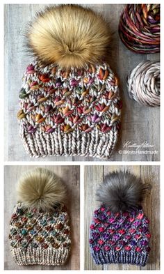 three different knitted hats with pom - poms on top and one in the middle