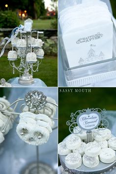 four different pictures show the details of a wedding cake