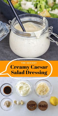 the ingredients for creamy caesar salad dressing in small bowls