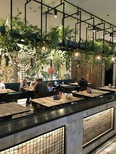 people sitting at tables in a restaurant with plants hanging from the ceiling and on the walls