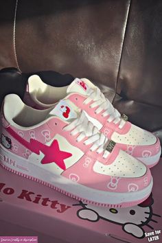 Cute Pink Hello Kitty Bape Shoes by Nike Bapestas Hello Kitty, Bapesta X Hello Kitty, Nike Bape Shoes, Hello Kitty Shoes Nike, Hello Kitty Jordan 4’s, Hello Kitty Jordans, Hello Kitty Bapesta Shoes, Hello Kitty Bape Shoes, Bapesta Pink