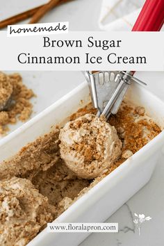 homemade brown sugar cinnamon ice cream in a white dish with two scoops on top