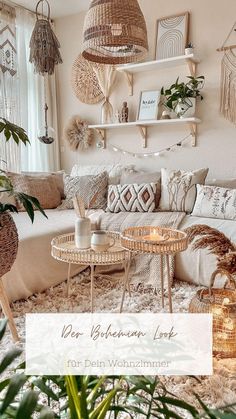 a living room filled with lots of furniture and plants on top of a white rug