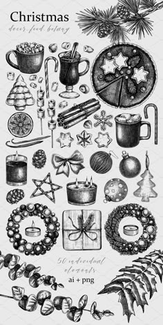 an old fashioned christmas clipart set with ornaments and other holiday items in black and white