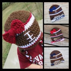 a collage of photos showing the different hats worn by young children in football gear