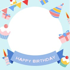 a happy birthday card with cupcakes and flags around the circle on a blue background