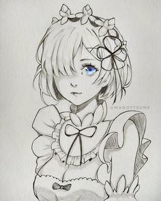 a drawing of a girl with blue eyes and a bow in her hair, holding a teddy bear