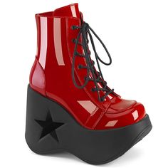 5 Inch Platform DYNAMITE-106 Red Patent Gothic Boots, Demonia Shoes, Festival Shoes, Pleaser Shoes, Gogo Boots, Va Va Voom, Thigh High Stockings, Red Star, Chunky Platform